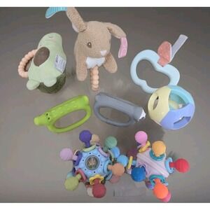 8pc Baby Sensory Toy Bundle Rattles Teethers Avocado Bunny Sloth Crocodile Ball